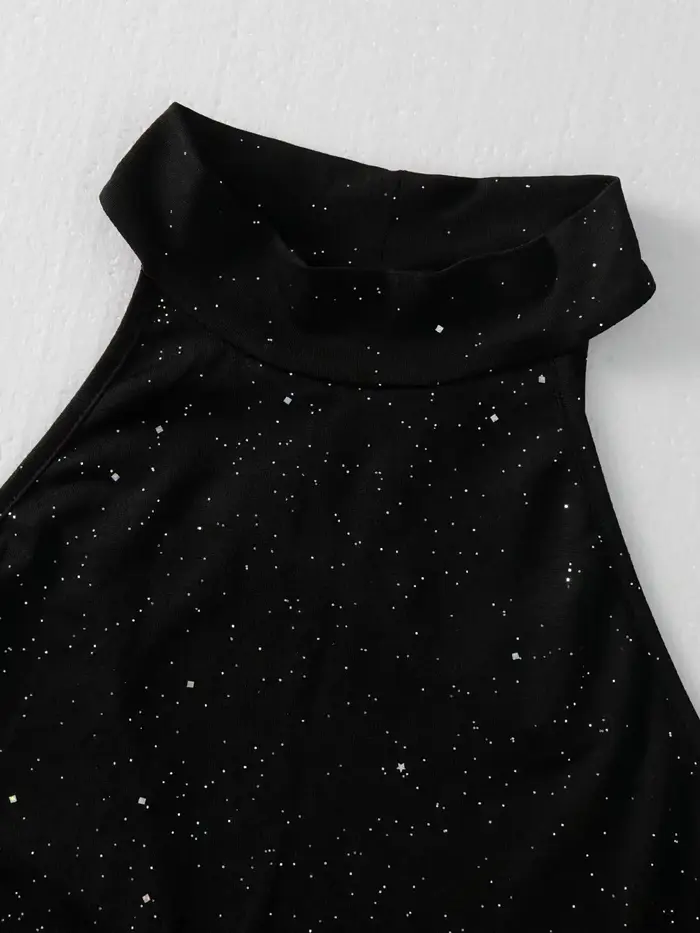 Débardeur Halter Noir à Paillettes pour Femme, Coupe Slim, Décontracté, Sexy, Épaules Dénudées, Tendance Été, Quotidien, Festival de Musique
