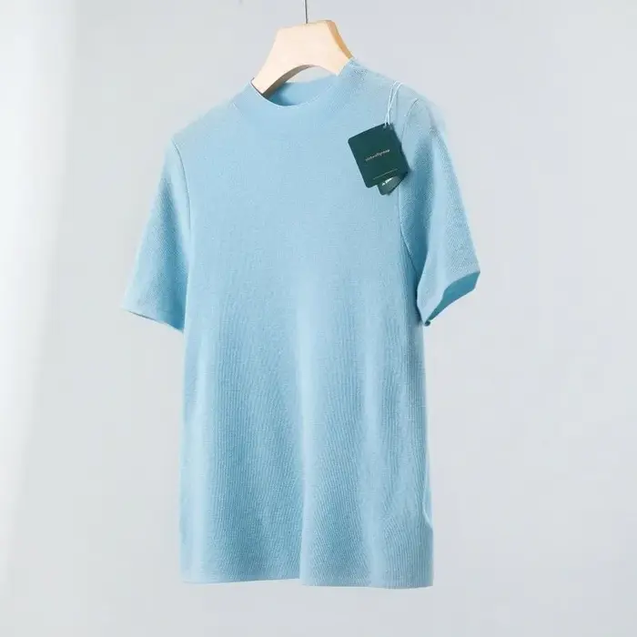 T-shirt en laine mérinos superfine 100% filé fin Yangtze allemand 120's, col semi-montant, tricoté à manches courtes, couche de base, coupe ajustée pour femme, pull fin tendance pour le quotidien