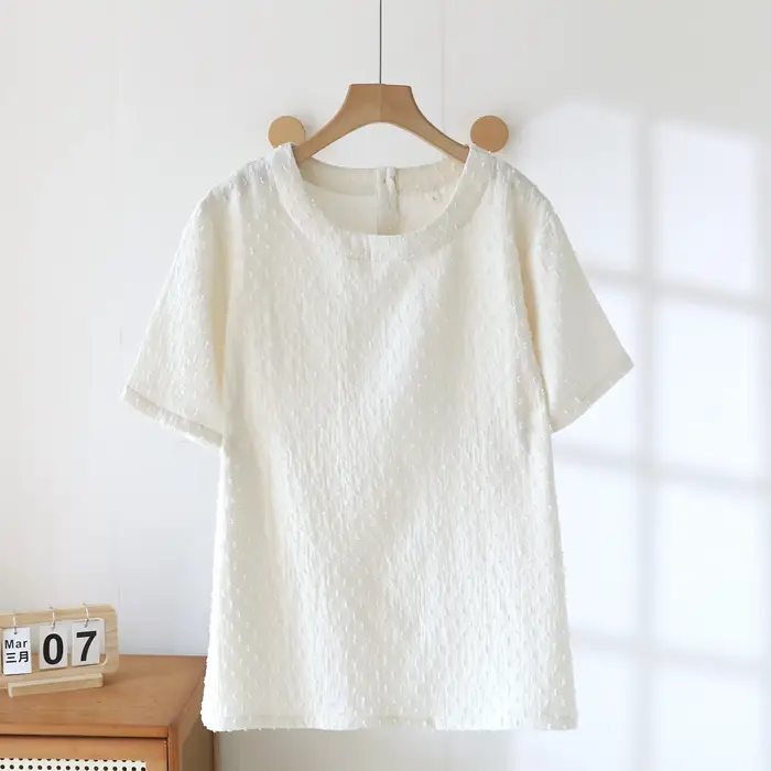 T-shirt texturé en gaze de coton crème pour femme, col rond, manches courtes, doux et respirant, idé