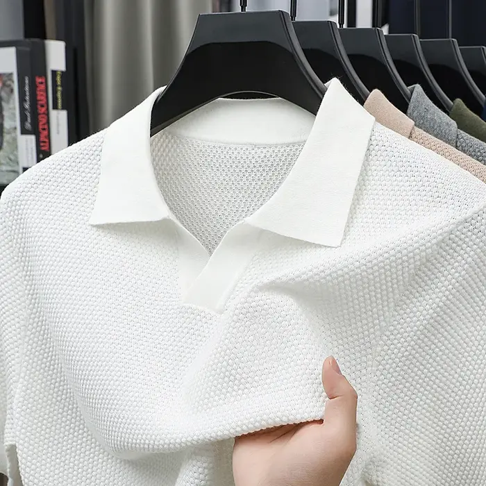Polo en coton tricoté 100 % pour homme – Col en V à manches courtes, respirant et anti-humidité, cou