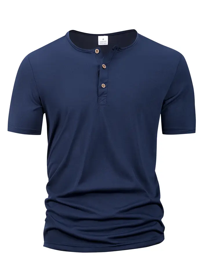 Été hommes col Henley T-shirts bouton mince décontracté mâle couleur unie à manches courtes