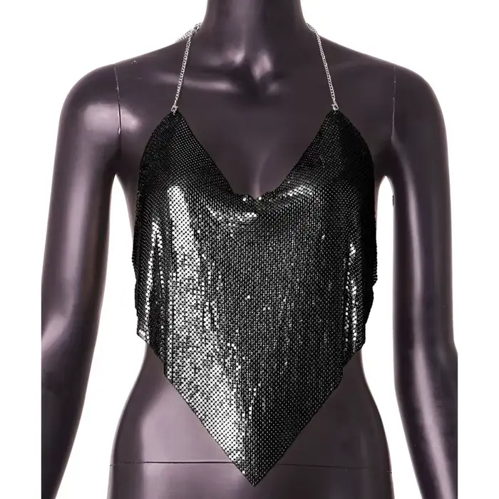Débardeur pour femme, haut court dos nu en maille métallique dorée, style licou, orné de strass étin