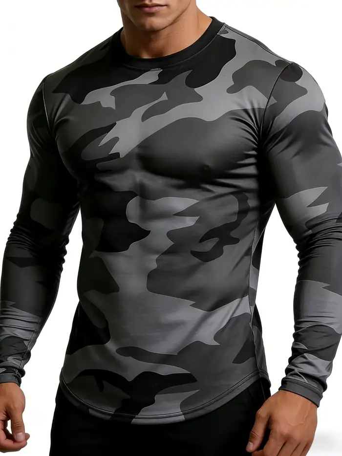 T-shirt camouflage militaire pour homme, col rond, haut de sport décontracté à manches longues pour