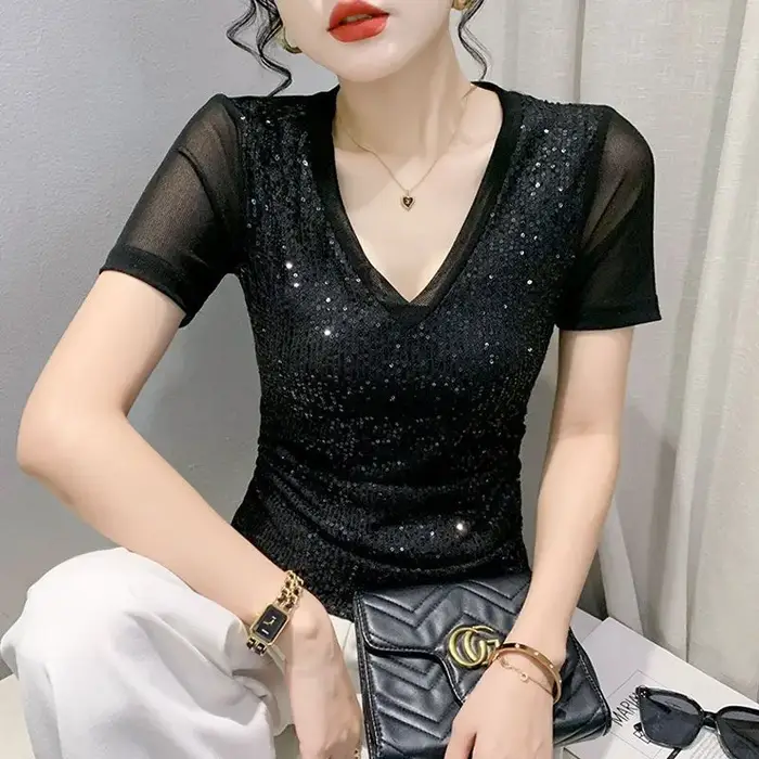 T-shirt à manches courtes et col en v pour femme, haut en maille Sexy, Slim et demi-manches, nouvell