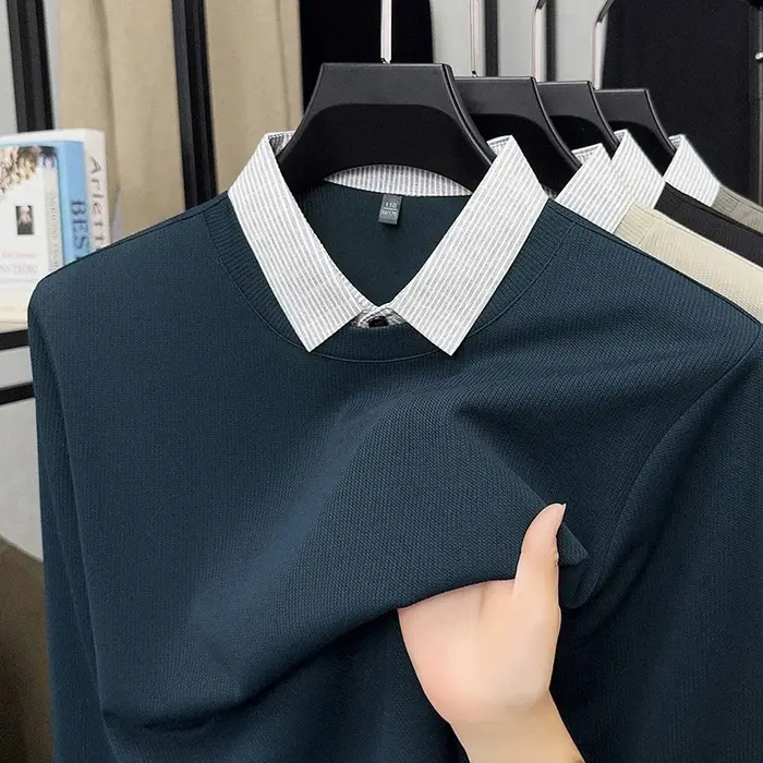 Nouveau Polo Homme 2026 Effet Deux Pièces – T-shirt Décontracté à Manches Longues et Col, Haut Polyv