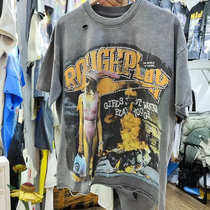 T-shirt Homme Américain Rétro Délavé à Paillettes et Clous Effet Vieilli et Troué