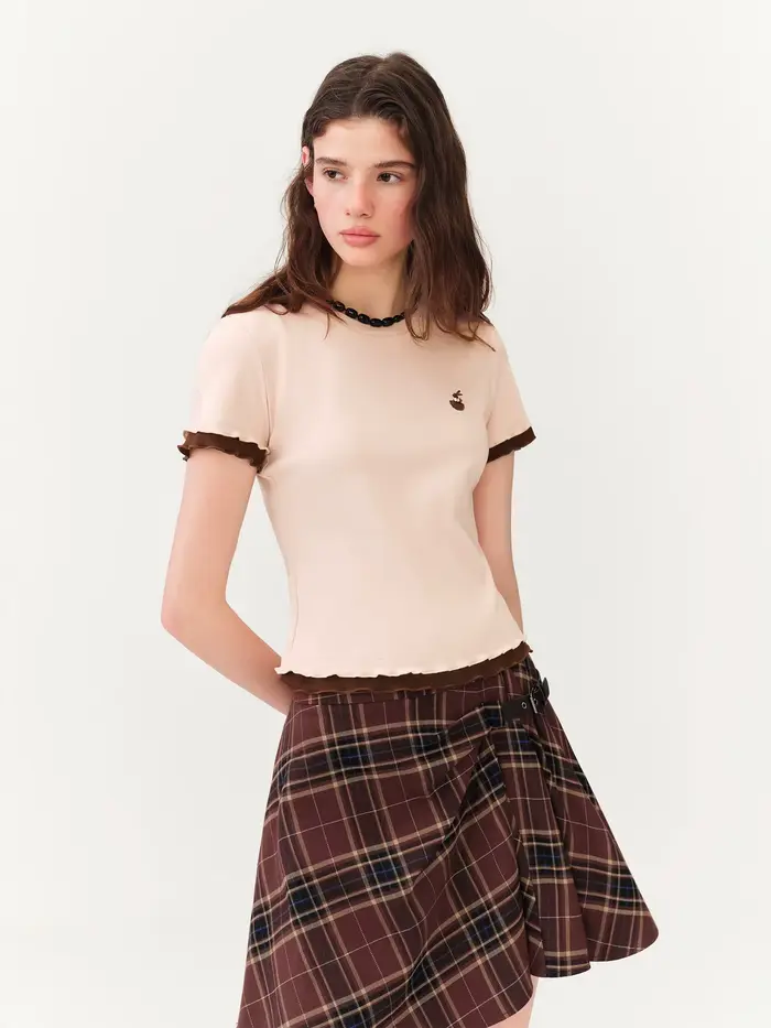 T-shirt à manches courtes en coton FSLE pour femme, effet deux pièces, couleur contrastante, style «