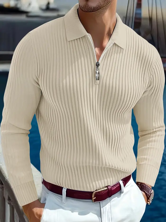 Polo à col tricoté à manches longues coupe ajustée pour homme