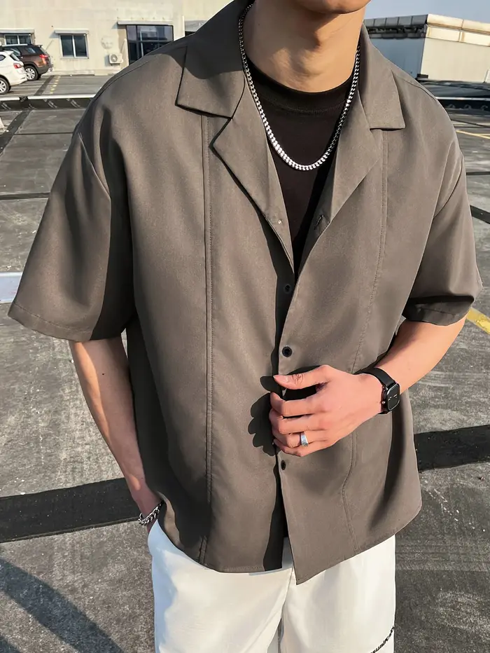 Chemise décontractée à col cubain pour hommes, à manches courtes, couleur unie, coupe ample, boutonnée, pour l'été