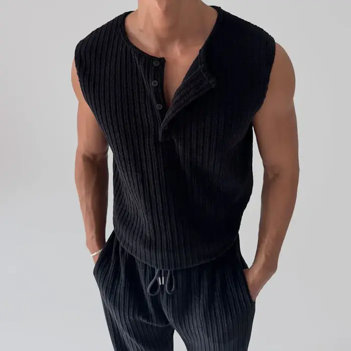 Nouvel ensemble décontracté pour homme 2026 : Gilet sans manches à col Henley et pantalon rayé pour 