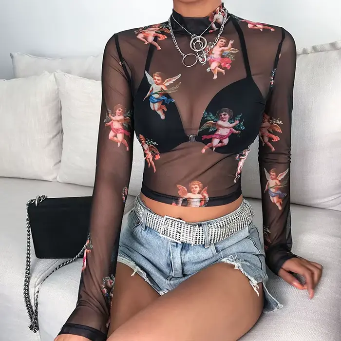 Femmes Sexy T-Shirt voir à travers des hauts en maille transparente à manches longues pure mince dames col roulé