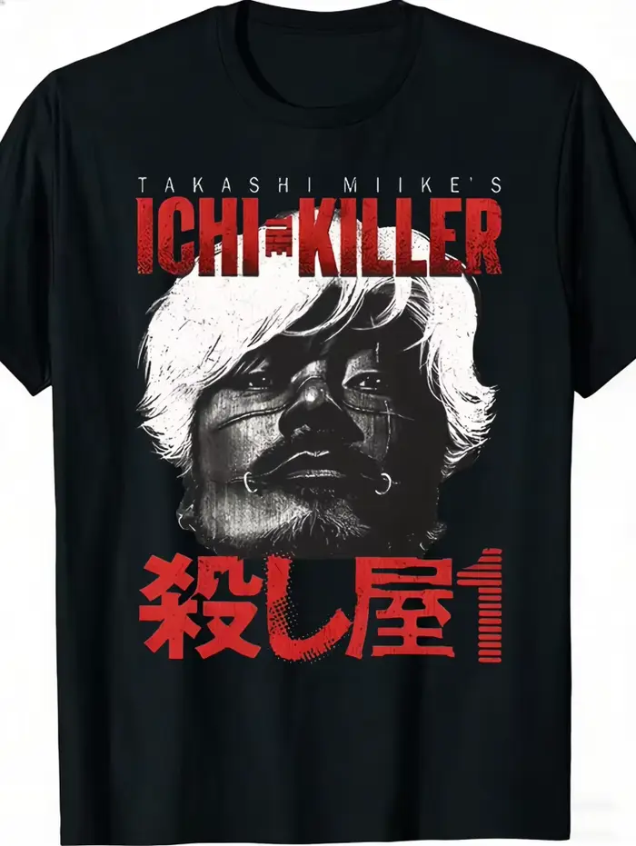 T-shirt neutre Ichi The Killer Movie Graphic, couleur noire, design de film Takashi Miike, imprimé j