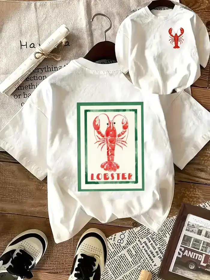 T-shirt pour femme avec motif homard rétro, imprimé fruits de mer mignon sur le devant et le dos, co