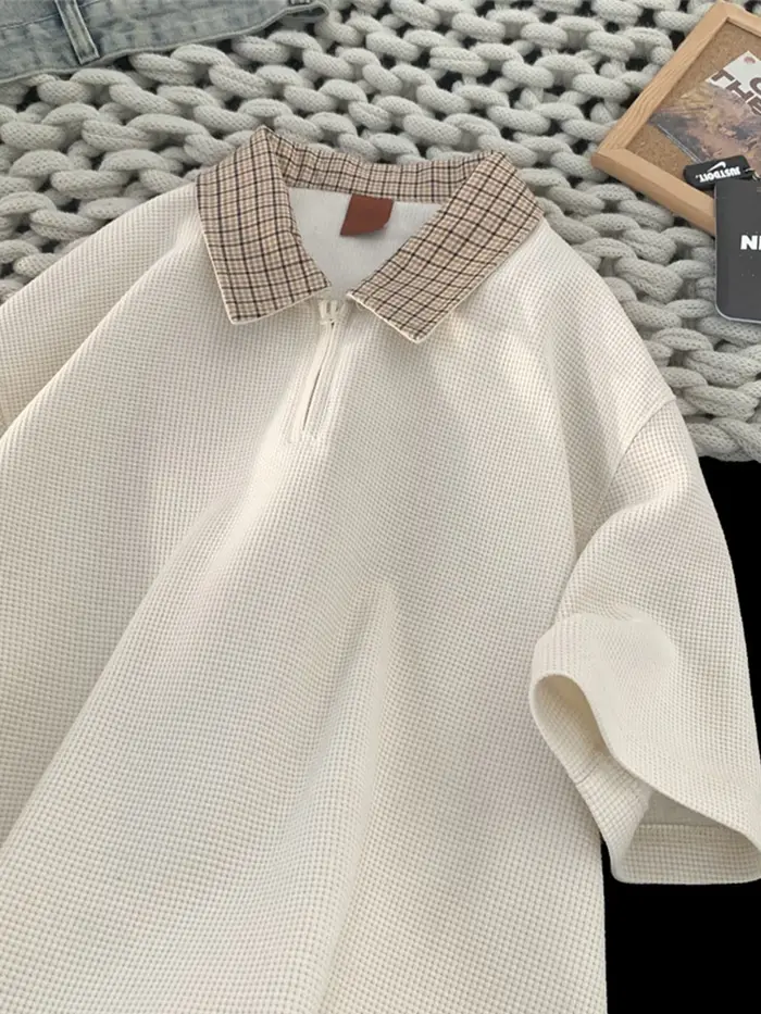 Chemises polo à col à carreaux demi-zippées rétro américaines pour hommes, t-shirts Y2K à manches co