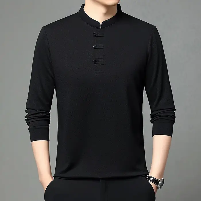 Printemps automne hommes Style chinois col montant polos mode coupe ajustée à manches longues