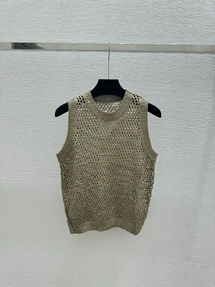 Débardeur en tricot pour femme de haute qualité, printemps/été, avec détails découpés, paillettes et