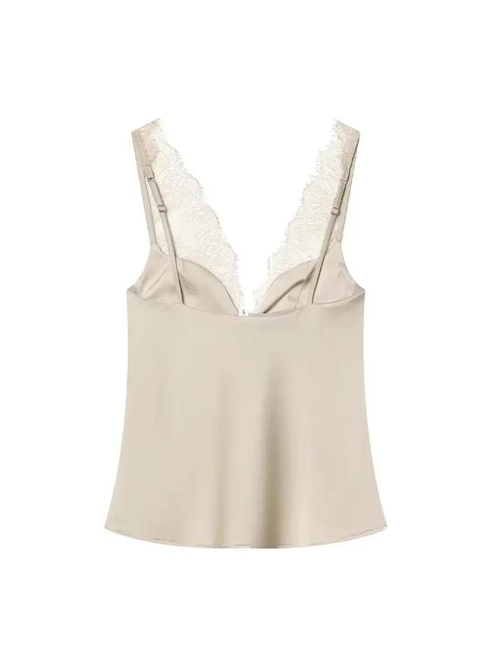 HH Femme Mode Décoration en dentelle Haut court uni Sexy Sans manches Dos nu Col en V Fermeture éclair latérale Texture satinée 3 couleurs Hauts d'été