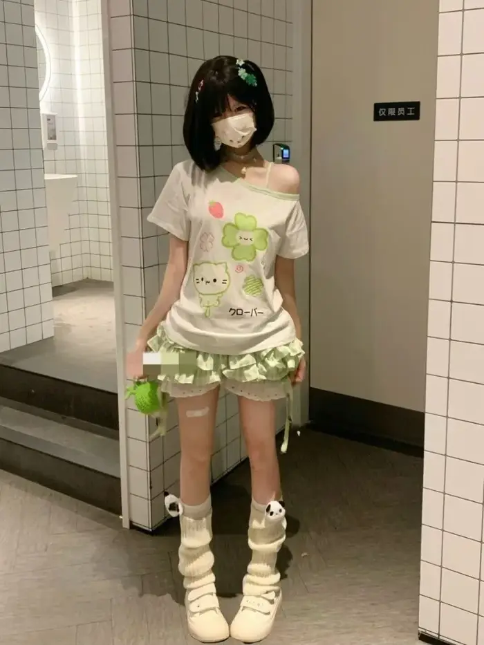 Ezgaga Harajuku t-shirts femmes dessin animé doux col diagonale manches courtes épaules nues drôle hauts femme Y2k dames