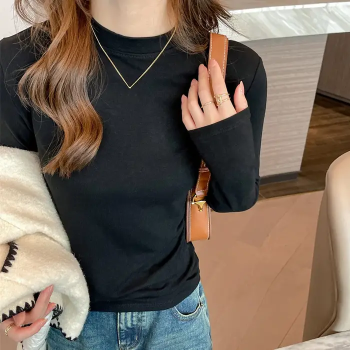 T-shirt moulant noir à col rond pour femme, couleur unie, manches longues, style coréen, élégant, po