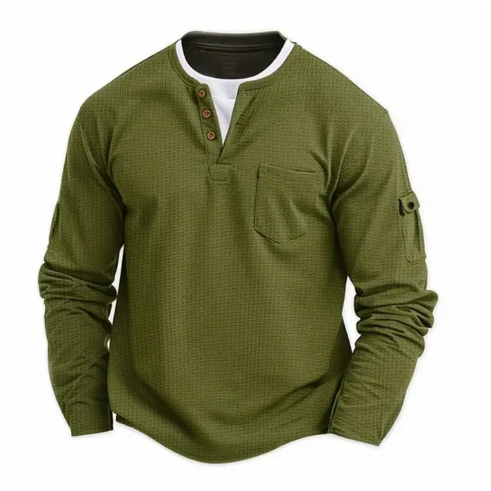 Homme nouveau bouton Henley col chemise à manches longues décontracté