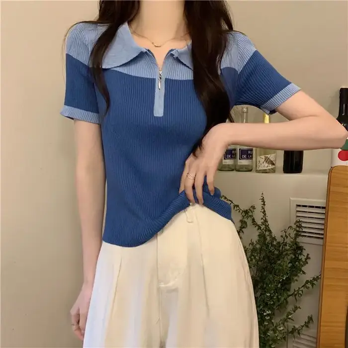 T-shirt rétro à manches courtes et col Polo pour femme