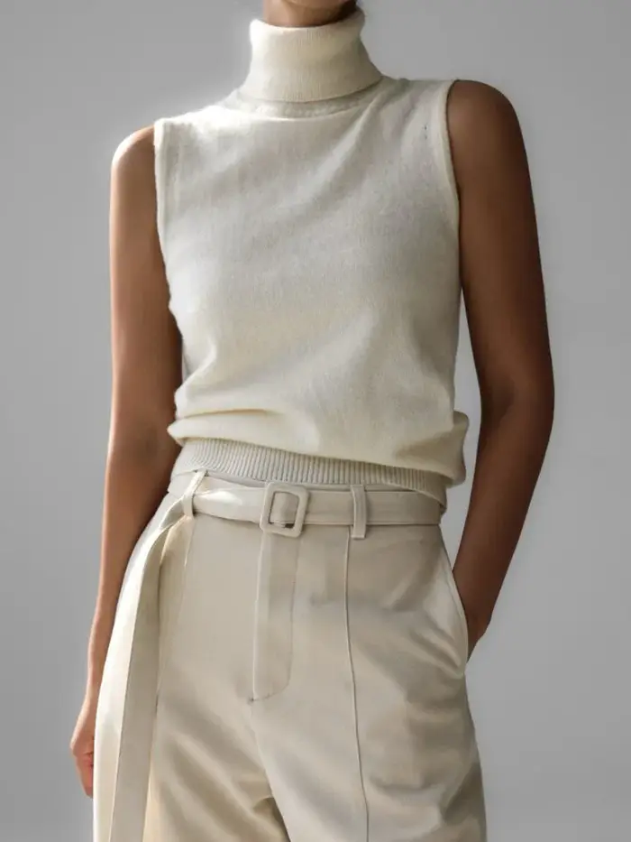 Nouveau débardeur tricoté sans manches à col roulé pour femme