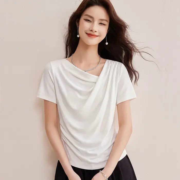 T-shirt en Lyocell pour femme, col drapé, froncé sur les côtés, coupe ajustée, uni, manches courtes, élégant, décontracté, basique, pour l'été