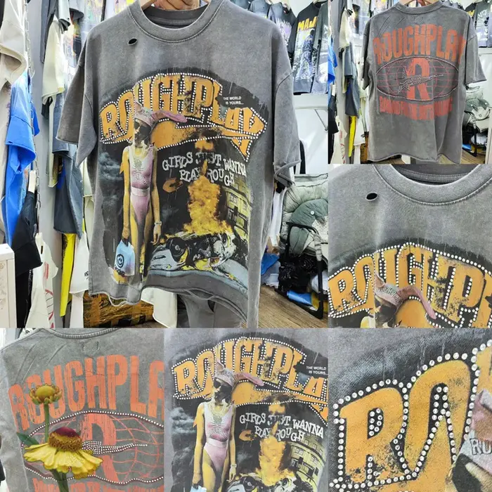 T-shirt Homme Américain Rétro Délavé à Paillettes et Clous Effet Vieilli et Troué