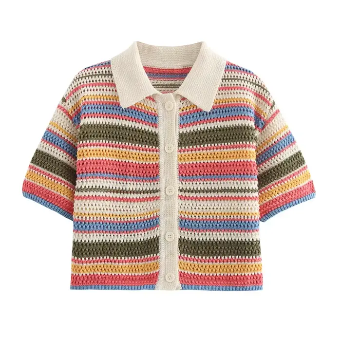 Pull court rayé en tricot au crochet pour femme, col polo, manches courtes, boutonné, pull femme, ch