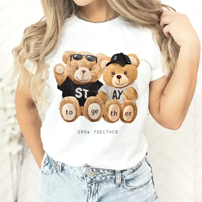 Nouveau Couple ours en peluche imprimé T-shirt Europe et états-unis mode col rond haut femme hauts surdimensionné