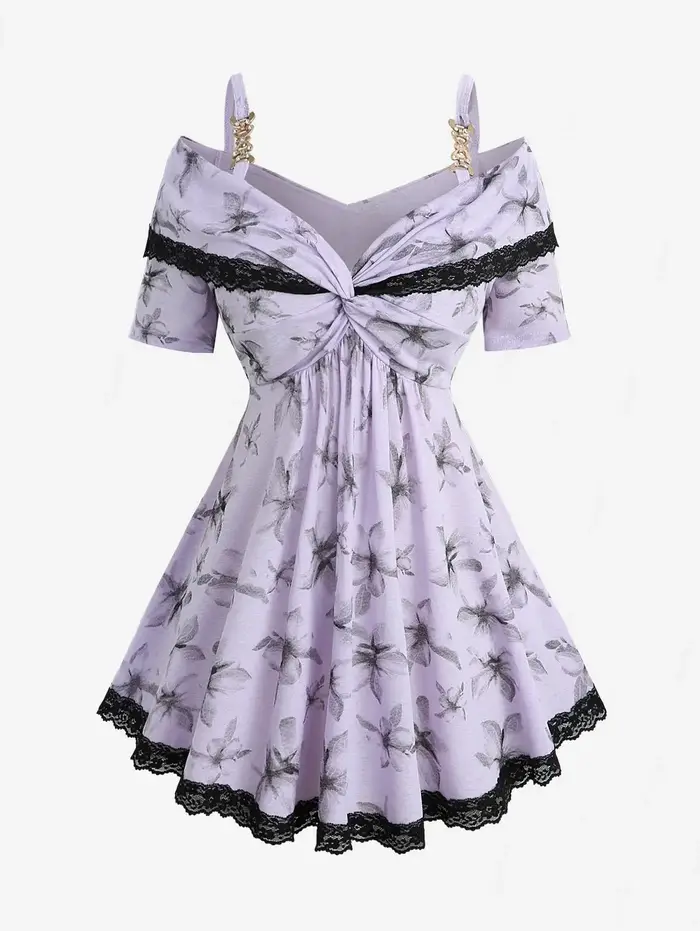 T-shirts pour femmes grandes tailles, imprimé floral violet, col torsadé convertible, détails en den