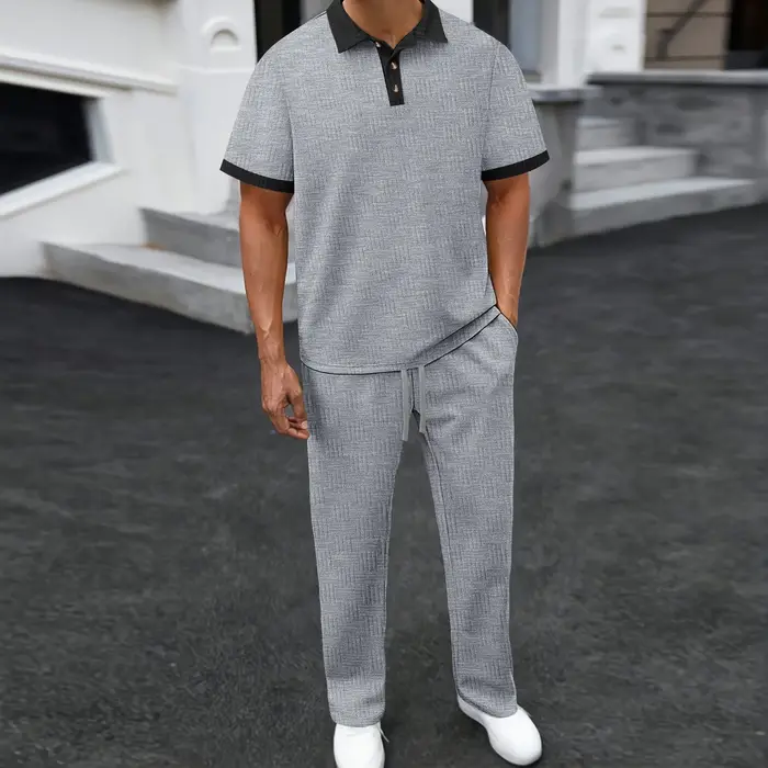 Ensemble 2 pièces polo et pantalon texturé pour homme avec col contrastant – Survêtement décontracté pour le streetwear quotidien