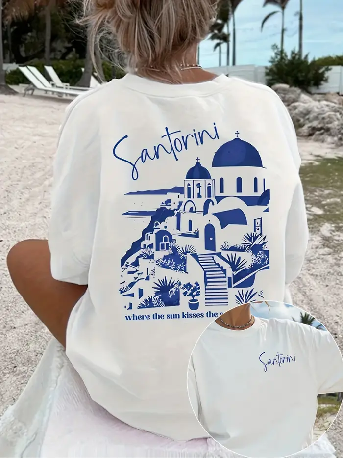 T-Shirt Santorini Grèce pour femmes et hommes, t-shirt graphique rétro avec Architecture, vacances à