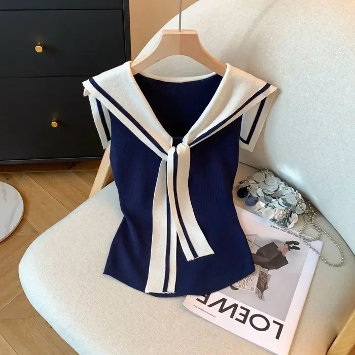 Débardeur tricoté fin contrasté pour femmes, col marin, col en v, sans manches, chemise amincissante
