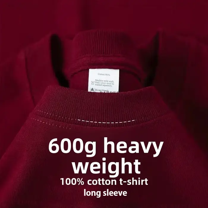 600G/ ㎡   T-shirt à manches longues pour hommes, chemise à bascule avec petit décolleté, ample, pur 