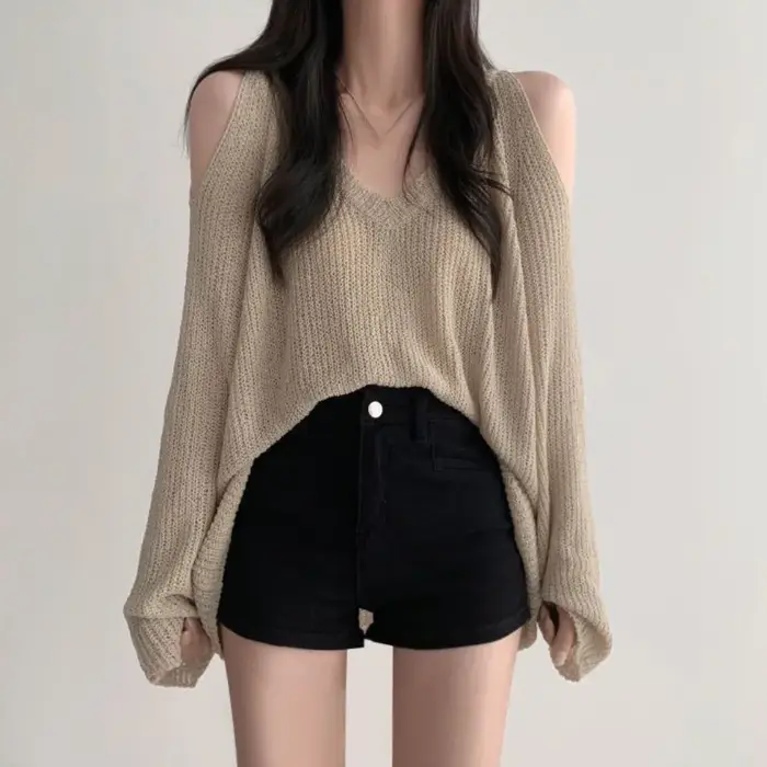 T-shirt long chic en maille ajourée à manches longues, pull en crochet, haut ample en maille chic à 