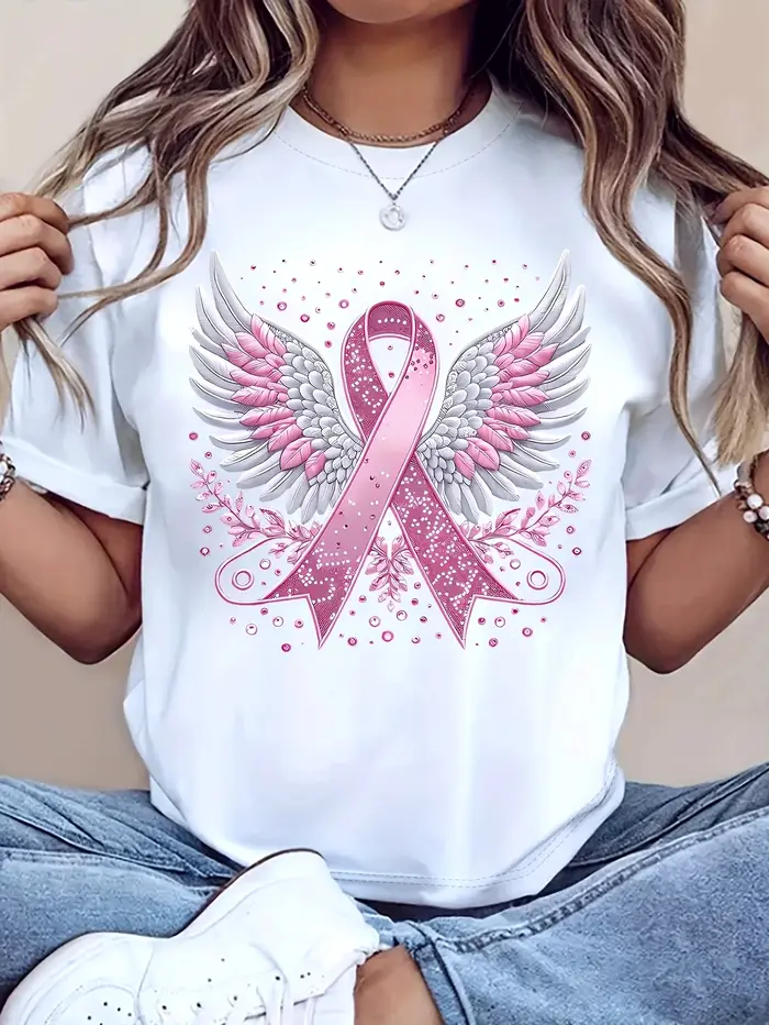 T-shirt à manches courtes et col rond pour femme, imprimé sensibilisation au cancer du sein, décontr