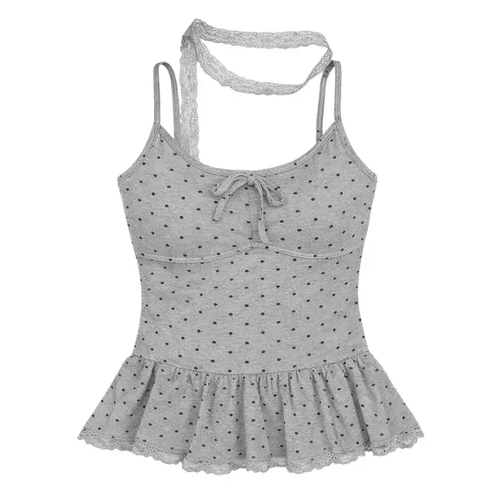Nouvelle Camisole à Pois avec Nœud, Dentelle et Ruban, Débardeur Col V Ajusté et Sexy