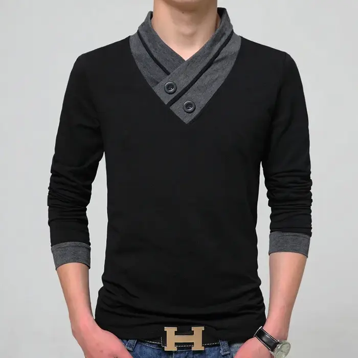 T-shirt à manches longues pour hommes avec col montant, bouton noir, fitness, coupe couvertes, grand