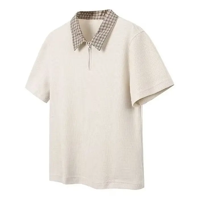 Chemises polo à col à carreaux demi-zippées rétro américaines pour hommes