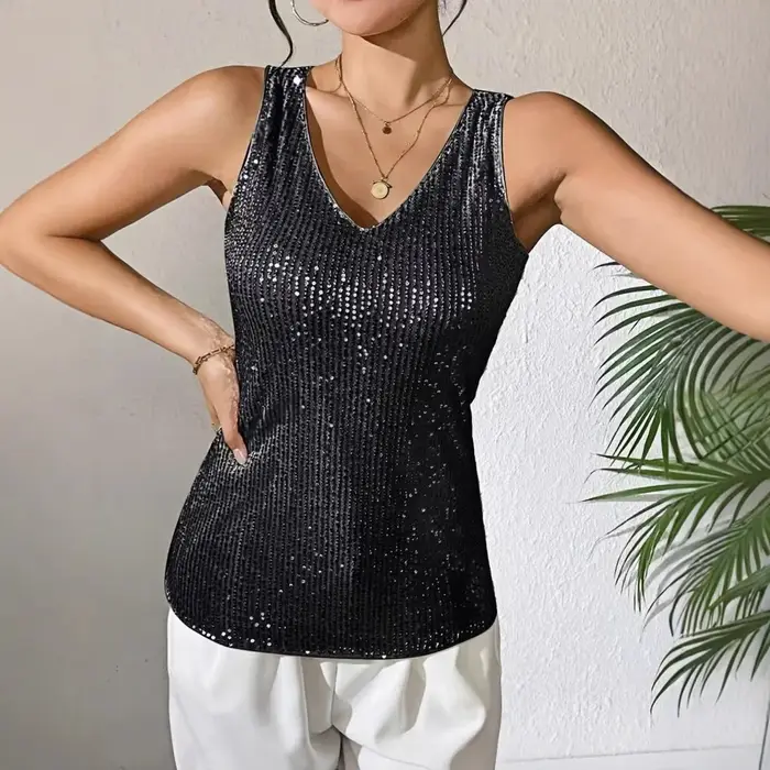 Le nouveau t-shirt sexy à col en V et sequins, ample, pour l'été 2025, à porter en extérieur, avec u