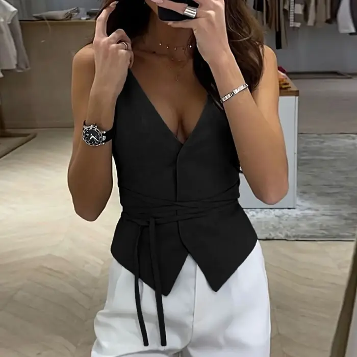 Hauts d'été pour femmes, mode élégante, Style anglais, couleur unie, col en V, gilet pliable, hauts