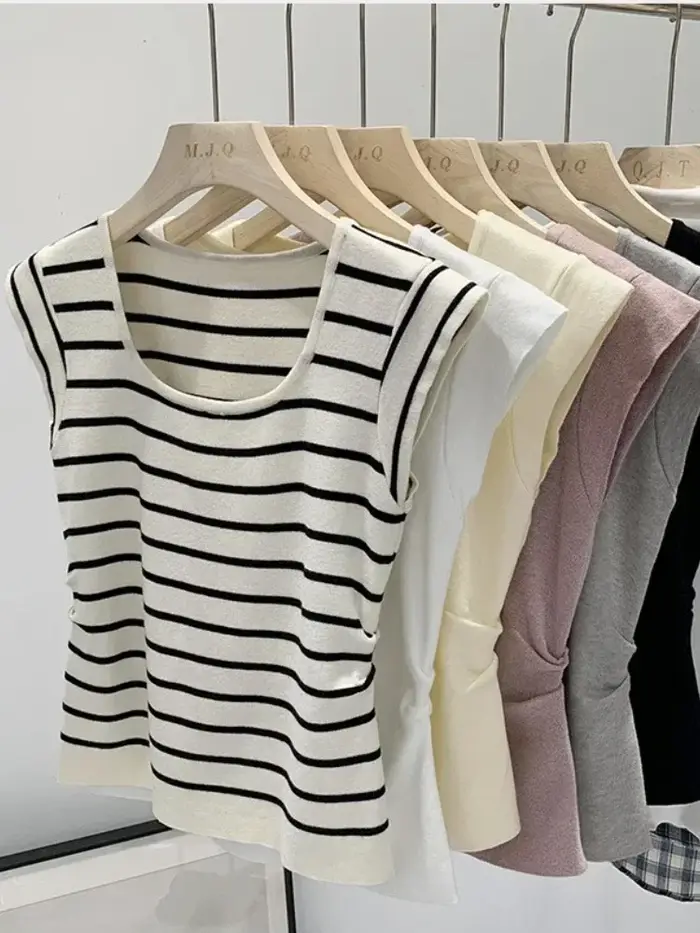 Nouveauté 2026 – Débardeurs rayés tricotés sans manches pour femme – T-shirts courts élastiques et décontractés – Gilets et camisoles ajustés