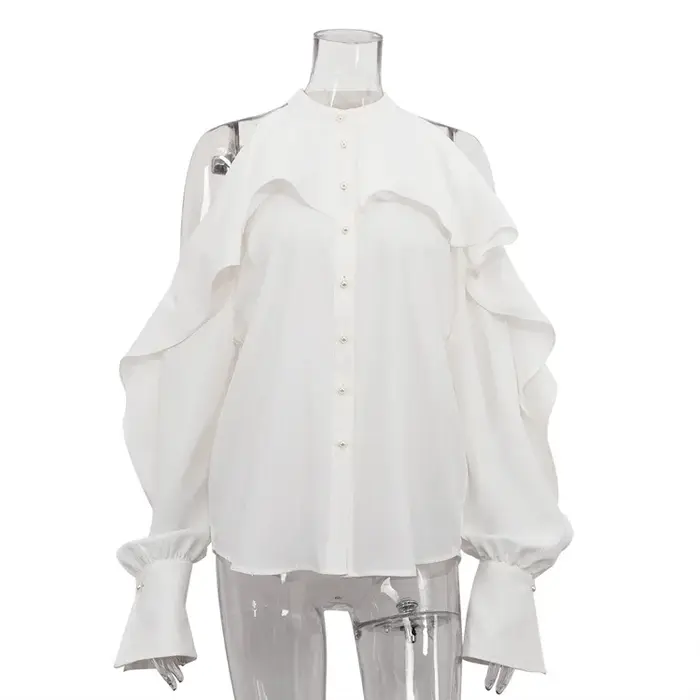 Haut à col à volants, col rond, épaules dénudées, manches longues, chemise blanche haut de gamme, 20