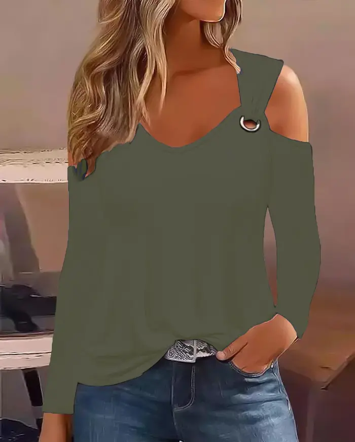 T-shirt rayé à épaules dénudées pour femme, manches longues, col en V, haut décontracté, tenue chic streetwear tendance