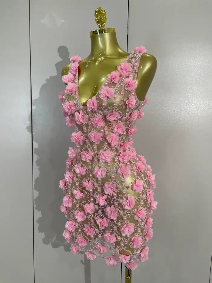 Robe de soirée pour femmes, robe de club, robe d'anniversaire, robe rose à fleurs en perles, robe en