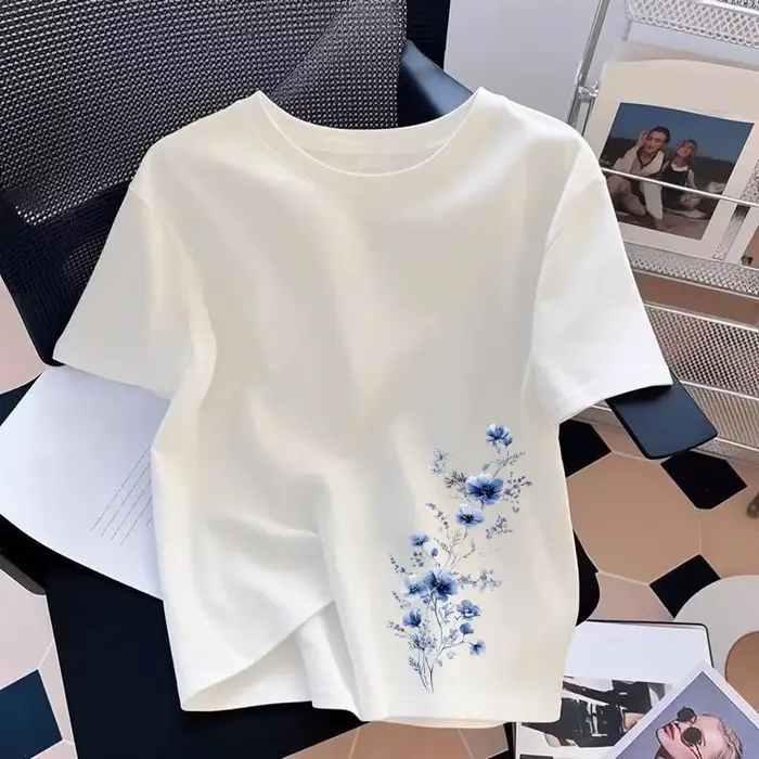 Soldes d'été : T-shirt femme en coton décontracté à col rond et manches courtes