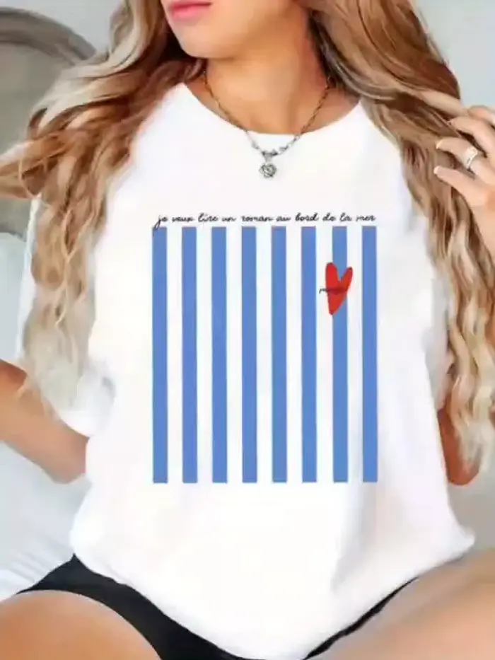 T-shirt d'été imprimé à motif rayé bleu clair pour femmes