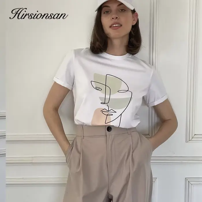 Hirsionsan – t-shirt col rond pour femme, estival et décontracté, avec impression abstraite, 100% co