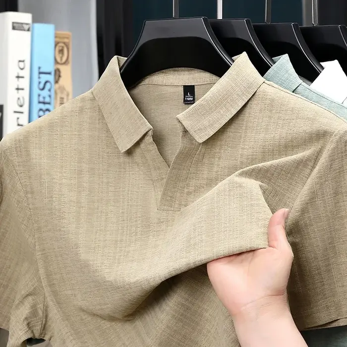 Chemises polo à manches courtes en lin mélangé texturé pour hommes
